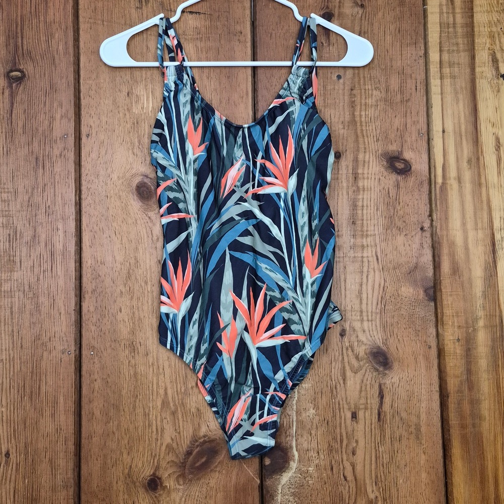 Kona Sol Womens Small Bird of Paradise Floral One Piece Swimsuit Teal Orange NWT